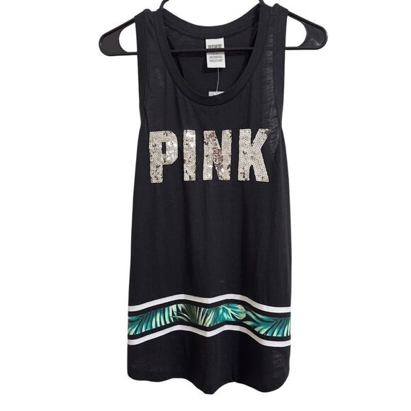 NWT VICTORIA’S SECRET PINK LOGO SEQUIN RACERBACK TROPICAL PRINT‎ TANK TOP SMALL - Picture 2 of 10